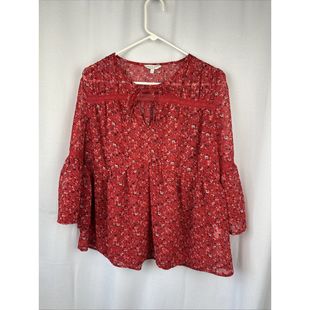 Lucky Brand Top L Red Lace Trim Floral Boho Blouse Bell Sleeve Romantic Fairy - Picture 2 of 7